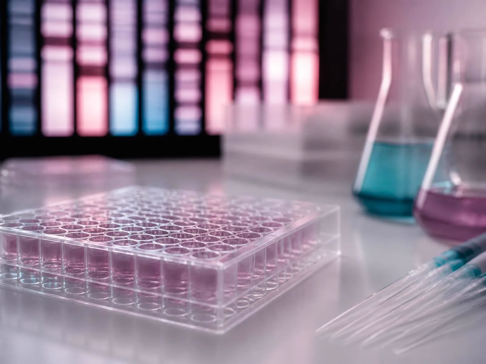 Mikrotitračná platnička na laboratórnom pulte pred obrazovkou s pruhovým vzorom