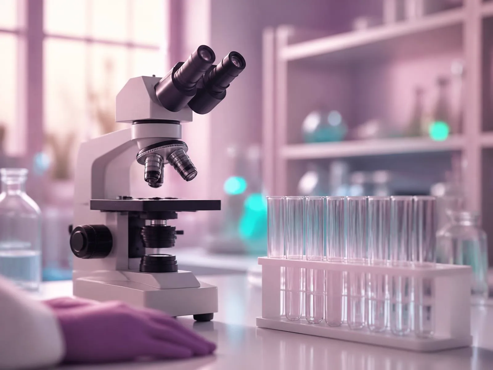 Mikroskop a prázdne skúmavky na laboratórnom pulte